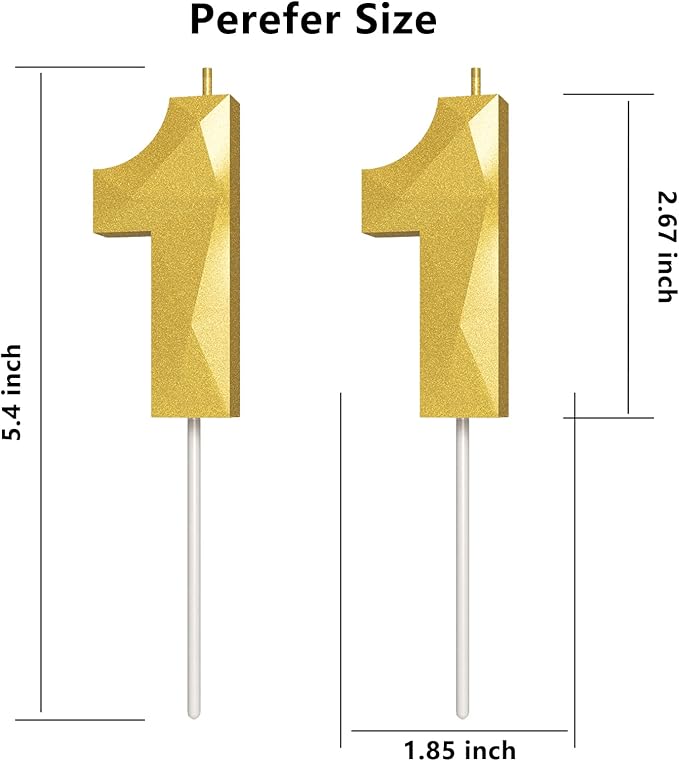 Number Birthday Candles(11 Candle Gold) 3D Diamond Shape Number Happy Birthday Cake Candles for Birthday Party Wedding Decoration Reunions Theme Party