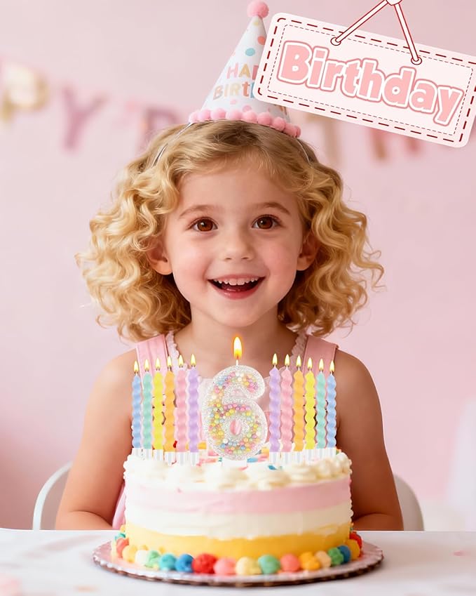 Birthday Candles for Cake, Pink Number Candles, Cake Candles with Greeting Card for Birthday Party Wedding Anniversary Celebrations（6 Candle,White Number Macaron）