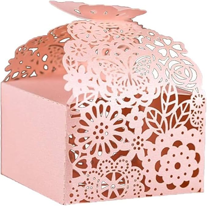 50pcs Laser Cut Butterfly Favor Boxes, 2.6" x 2.6" x 1.6" Floral Gift Box for Bridal Shower Anniversary Wedding Party,Baby Shower,First Communion, Pink