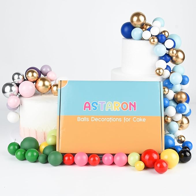 ASTARON 50 Pcs Ball Cake Topper Sticks Mini Balloons for Cake Decorating Supplies Foam Balls Cake decorations for Baby Shower Cake Birthday Cake Toppers Decorations (Light Brown，Green)