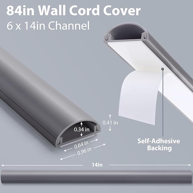 ZhiYo Cord Covers for Wires on Wall, 85in(6 x L14.2in) Cable Hider for Hiding 1-2 Cables, PVC Wire Covers for Cords on Wall Mount TV in Home or Office, Grey W1in x H0.41in