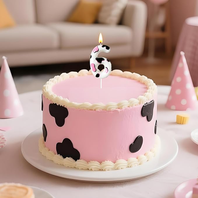 Number 6 Birthday Candle for Cake – Cow Print Design in White Black Pink – Farm Theme & Cowgirl Party Cake Topper Decoration
