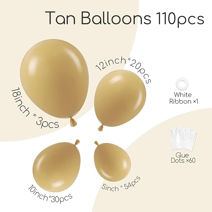 110pcs Tan Balloons, 18 12 10 5 inch Light Brown Balloons Different Sizes Brown Balloon Arch Kit for Boho Wedding Baby Shower Birthday Party Decorations