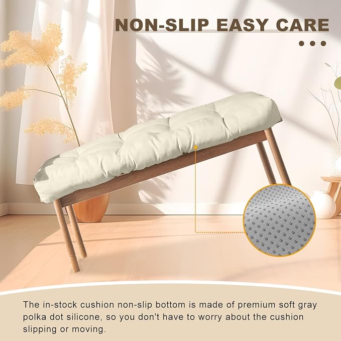 Bench Cushion 48 inches,Indoor/Outdoor Non-Slip Tufted Cushions, Premium Waterproof Linen, Soft Piano Sofa Cushions, Entryway Storage, Bay Window, High-Density Memory Foam(Light Beige-48x16x4in)