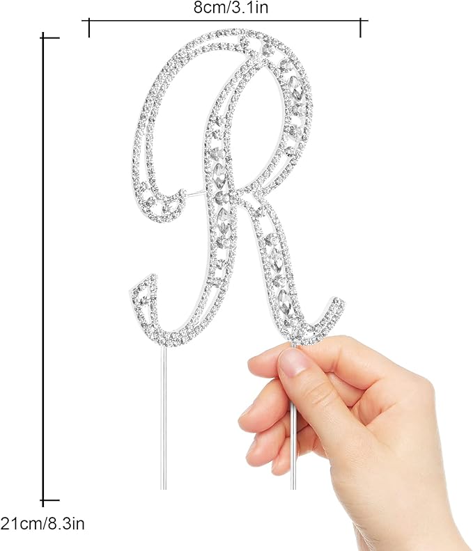 LINGPAR Letter R Cake Topper Rhinestone Crystal Silver Letter for Wedding or Anniversary Birthday Party Decoration Supplies