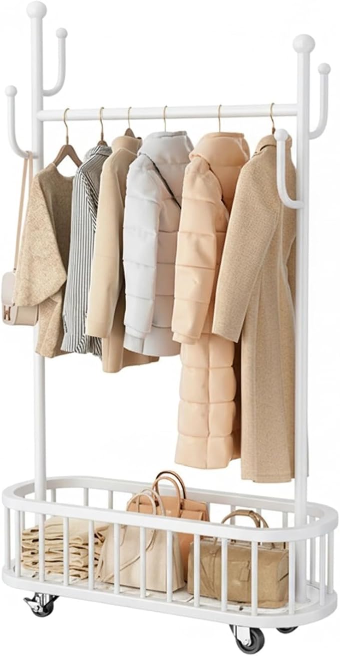 Takywep Rolling Clothing Rack with Wheels and Basket Storage – Metal Moveable Garment Rack, Heavy-Duty Coat Rack for Hanging Clothes, Bedroom, Boutique, Laundry Room