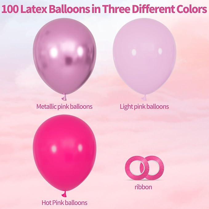 100Pcs Pink Balloons 12Inch Hot Pink Metallic Pink Balloon Light Pink Balloon for Birthday Wedding Baby Shower Princess Party Decorations