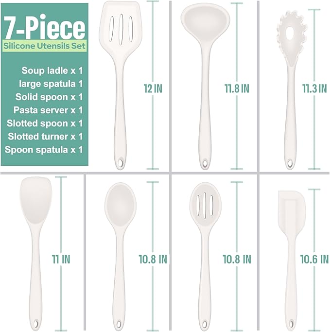 E-far Silicone Cooking Utensils Set, 7-Piece White Heat Resistant Kitchen Utensils Set, Kitchen Nonstick Tools Spatula Ladle Spoon Pasta Server for Non-stick Cookware, Non-Toxic & Dishwasher safe