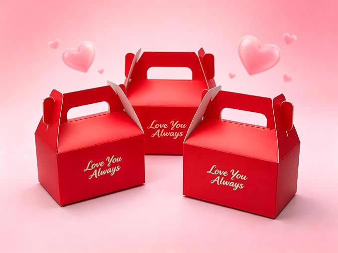 XAGLVV 24 Pack Red Cardboard Gable Boxes with Handles,Treat Goodie Party Favor Gift Box for Wedding, Birthday, Baby Shower and Any Theme Party