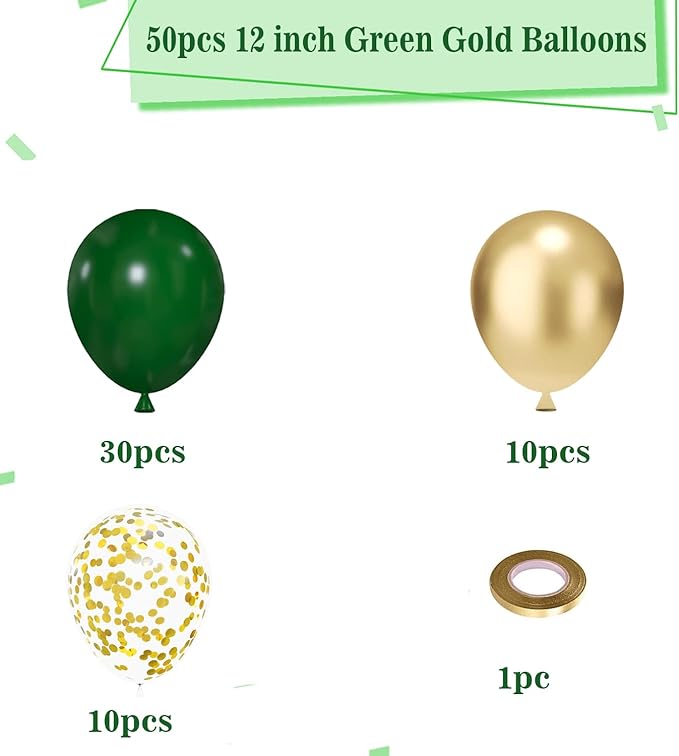 Green and Gold Balloons, 50pcs 12 inch Green Gold Confetti Balloons with Gold Ribbons for Bridal Shower Christmas Birthday St. Patrick's Day Theme Party Decorations