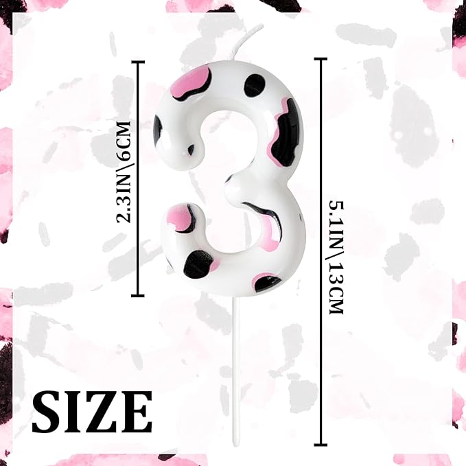 Number 3 Birthday Candle for Cake – Cow Print Design in White Black Pink – Farm Theme & Cowgirl Party Cake Topper Decoration