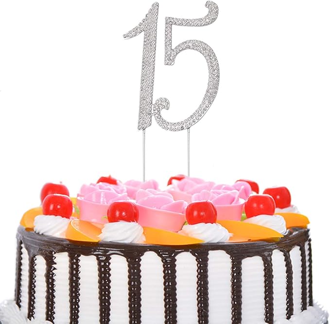 JANOU 15 Cake Topper Number 15 Crystal Rhinestones 15th Cake Decoration for Birthday Anniversary Party Decoration (Silver)