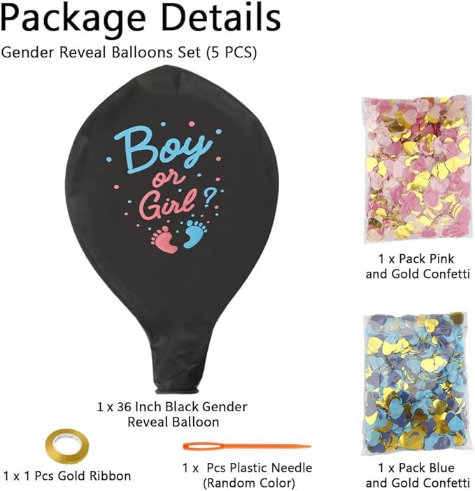 Gender Reveal Balloon, 36 Inch Black Gender Reveal Balloon Big Boy or Girl Balloon Kit with Footprint Blue and Pink Confetti for Baby Genders Reveal Ideas Party Decorations Baby Shower Party Supplies