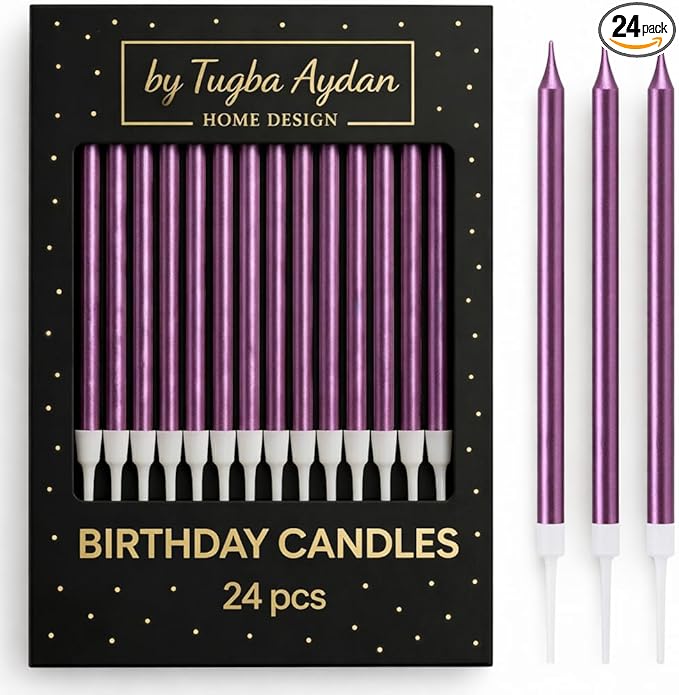 by Tugba Aydan Purple Birthday Candles, 24 Pack, Long Thin Metallic Cake Candles with Holders, Elegant Purple Candles for Cakes, Cupcakes & Parties