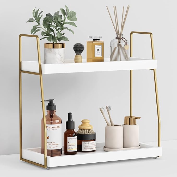 Forbena Bathroom Organizer Countertop, Counter Organizer for Bathroom Decor, Wooden Sink Shelf for Vanity Storage, Makeup Tray for Perfume Skincare Bedroom Kitchen Corner (2 Tier, White and Gold)