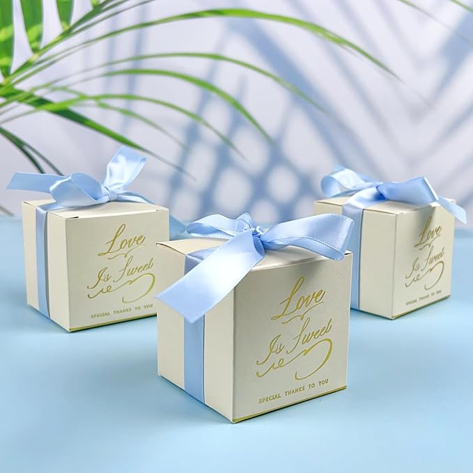 30PCS Small Gift Boxes, White Gift Box with Ribbon Wedding Party Favor Boxes Fancy Candy Gift Boxes with Lids for Anniverary Birthday Valentine's Day Packaging Presents 2.6x2.6x2.6 inch(S,Blue)