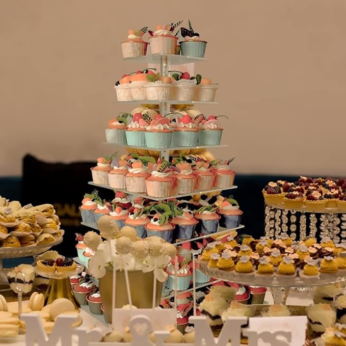 7 Tier Cupcake Stand for 100 Cupcakes, Cake and Cupcake Combo Dessert Tower Holder, Clear Acrylic Cupcake Riser, Large Pastry Cupcake Display for Birthday Wedding Party…