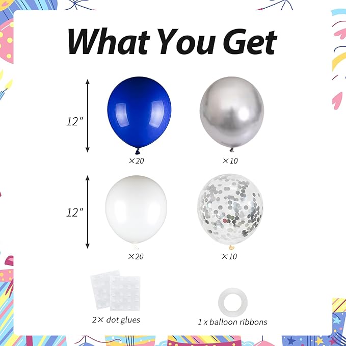 60pcs Blue and Silver Balloons, 12 Inch Royal Blue White Silver Confetti Balloons for Birthday, Baby Shower, Graduation Class of 2026, Father’s Day Party Decorations