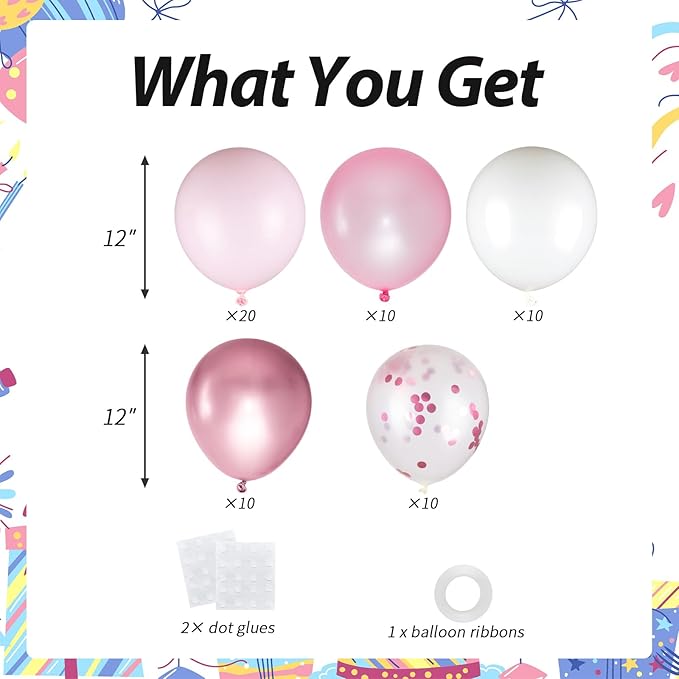 60pcs Pink Balloons Set, 12inch White and Metallic Pastel Baby Pink Confetti Balloons for Wedding Bridal Shower Baby Shower Women Girl Princess Birthday Decorations