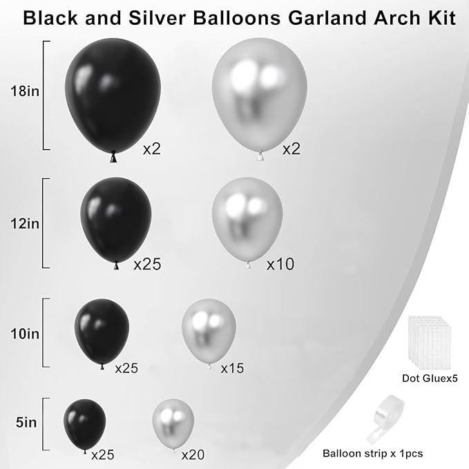 Black and Silver Balloons Garland Arch Kit, Black Silver Balloons for Birthday, Wedding, Graduation, Anniversary Decorations