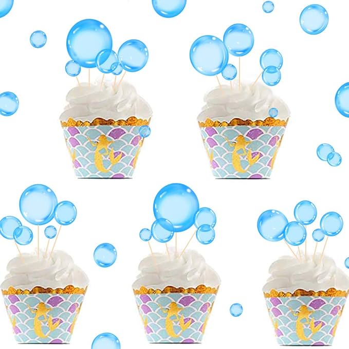 27Pcs Blue Flat Bubble Cupcake Toppers Underwater Party Decor Supplies Bubble Cake Decorations For Under The Sea Mermaid Birthday