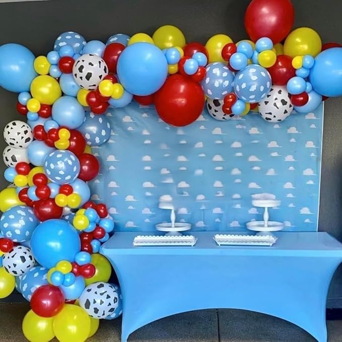 HILAVO Toy Inspired Story Balloons, 12 Inch Cow Print Sky Blue Cloud Balloons Red Blue Yellow Green Balloons for Kids Boys Halloween Birthday Party Farm Themed Party Decorations