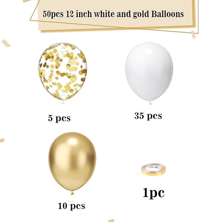 White and Gold Balloons, 50pcs 12 inch Gold and White Confetti Balloons for New Years Theme Party Supplies Wedding Birthday Graduation Party Decorations