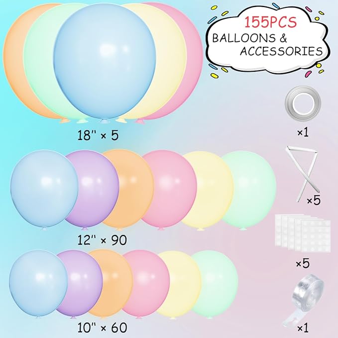 MEBAY Pastel Rainbow Balloon Arch Garland Kit, 155Pcs Multicolor Macaron Balloons for Birthday Party Baby Shower Wedding Decorations