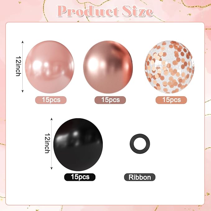 Rose Gold and Black Balloons, 60Pcs 12Inch Metallic Pearl Rose Gold Black Balloons Confetti Balloons for Graduation Women Girl Birthday Party Baby Shower Engagement Wedding Bridal Shower Decorations