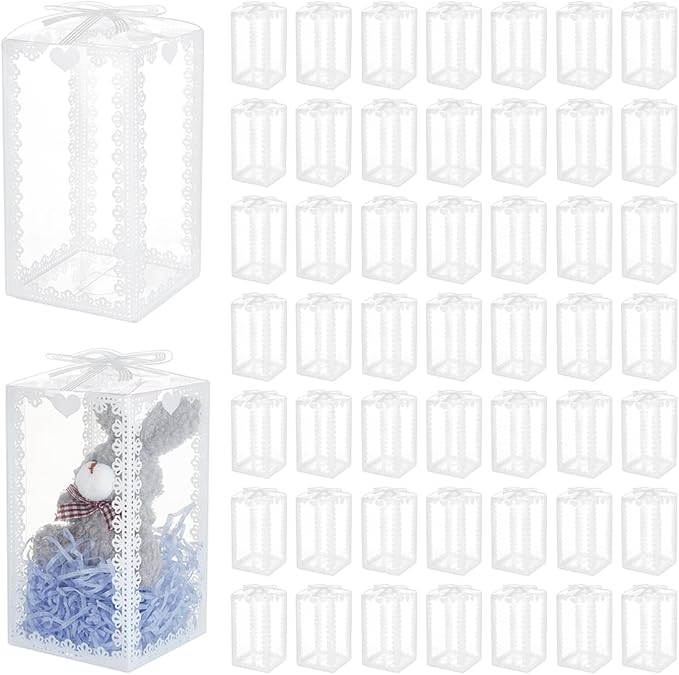 BENECREAT 50Pcs 3x3x5.9inch Transparent PVC Favor Boxes, Rectangle Bow Knot Pattern Clear Wedding Party Favour Boxes for Candy Chocolate, Festival Gift Packaging