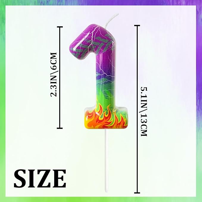 Number 4 Birthday Candle for Cake – Purple Green Flame Design with Lightning & Tire Track Pattern – Off-Road Truck Theme Cake Topper for Birthday Party Decoration