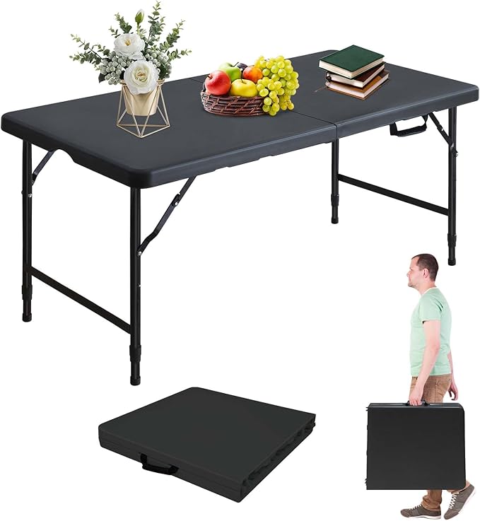 Portable 4Ft Folding Table, Heavy Duty Plastic Fold-in-Half Utility Foldable Table Small, Adjustable Height Plastic Folding Table with Carrying Handle for Camping & Party Indoor/Outdoor(Black)