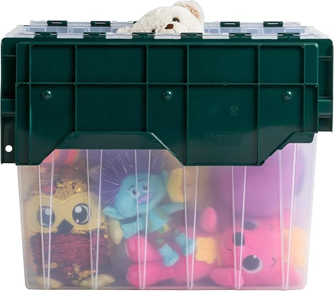 Akro-Mils KeepBox 18 Gallon Storage Container, Nesting and Stackable Plastic Storage Box with Lid Attached, Clear Tote for Garages, Closets, and Moving, 21" x 15" x 17", Clear/Green
