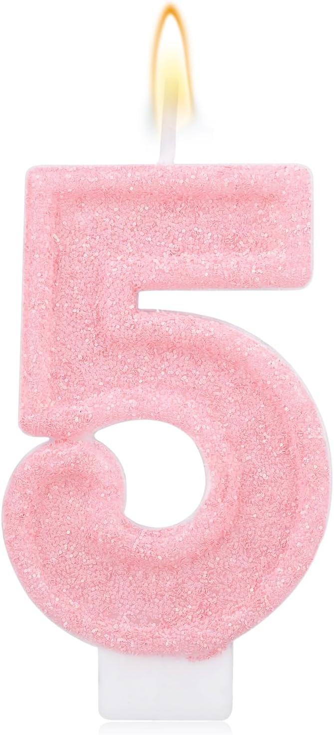Pink Number Birthday Candles, Romantic Cake Glitter Pink Number Candles Anniversary Cake Topper Decoration Cute Birthday Party Supplies for Wedding Anniversary Celebration Supplies (5)