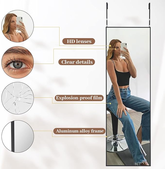 BEAUTYPEAK 16" x 50" Adjustable Height Over The Door Mirror, Full Length Hanging Door Mirror with Shatterproof Tempered Glass Aluminum Alloy Frame for Bedroom, Living Room, Bathroom, Dorm, Black