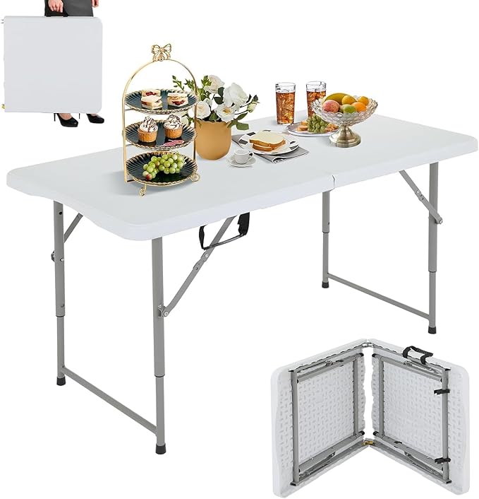 4FT Folding Table - Heavy Duty Portable Plastic Utility Table with Adjustable Height, Carry Handle. Indoor Outdoor Use for Camping, Parties, Picnics, Tailgating (4ft, White)