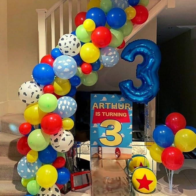HILAVO Toy Inspired Story Balloons, 12 Inch Cow Print Sky Blue Cloud Balloons Red Blue Yellow Green Balloons for Kids Boys Halloween Birthday Party Farm Themed Party Decorations