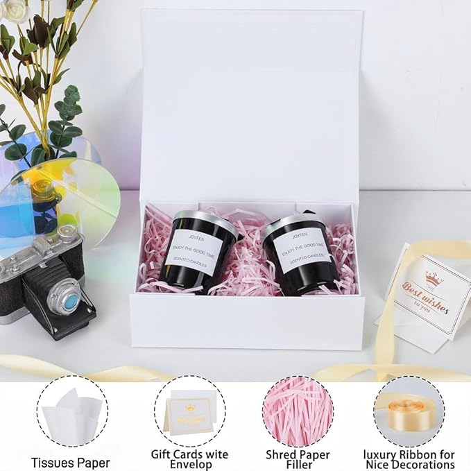 UoeRing 6 Pack White Gift Box 9.5x6x3 inch Small Luxury Gift Box for Presents with Magnetic Lid Collapsible,Bridesmaid Proposal,Contains Card, Ribbon, Tissue Paper,Shredded Paper Fille