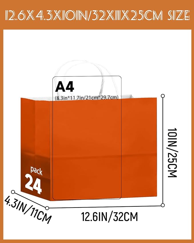 qiqee 24PCS Large Gift Bag with Handles Bulk 13"x4.5"x10" Gift Bags Orange Bags Multiple Uses (32x11x25cm,Wide Large)