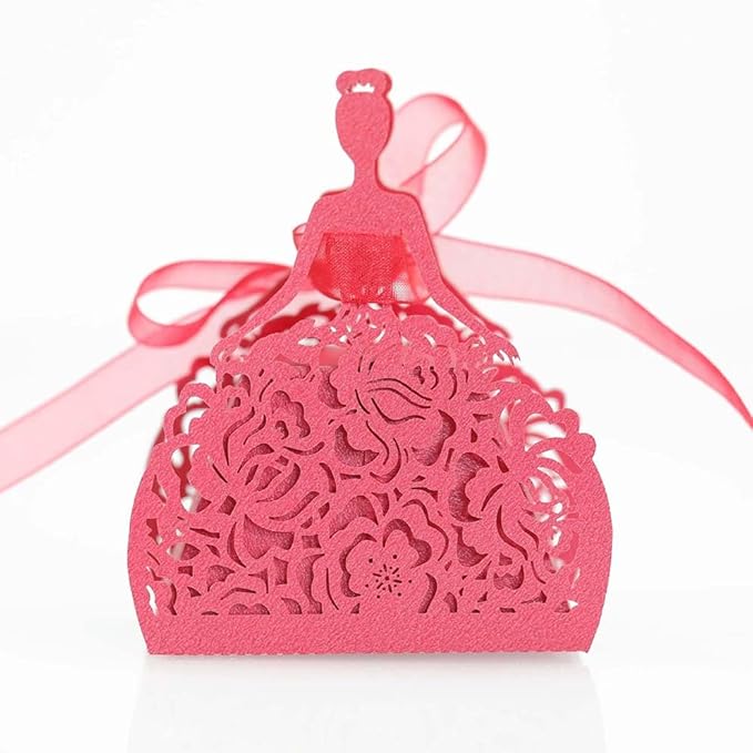 Steedna 50 Pack Bride Pattern Chocolate Gift Box Sector Pearl Paper Hollow Out Small Gift Box Wedding Dress Laser Cut with Ribbons Candy Boxes Party Favors Chocolate Box (Red)