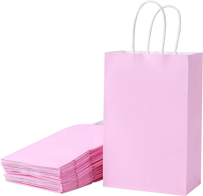 SUNCOLOR 12-Pack Pink Gift Bags with Handles, 7.9x5.12x3.15 Inches Kraft Paper Party Favor Bags for Baby Showers, Birthdays, Weddings