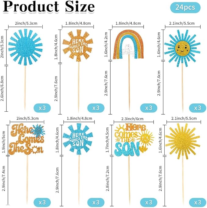 Here Comes the Son Cupcake Toppers, 24 PCS Here Comes the Son Baby Shower Decorations, Glitter Sun Themed Cupcake Party Decorations, Cupcakes Picks Food Picks for Baby Shower Party, Birthday, Wedding