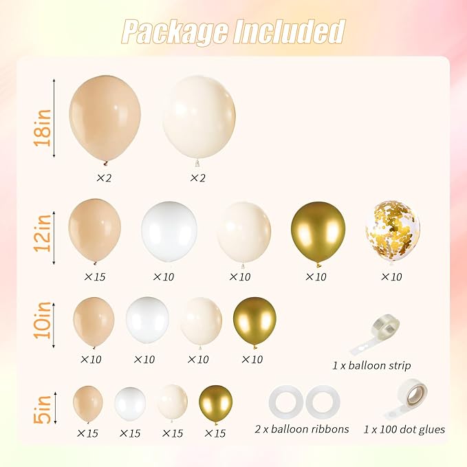 163pcs Neutral Balloon Garland Arch Kit in Sand White, Apricot, Nude & Metallic Gold Confetti Balloons for Boho Weddings, Baby Showers, Birthdays