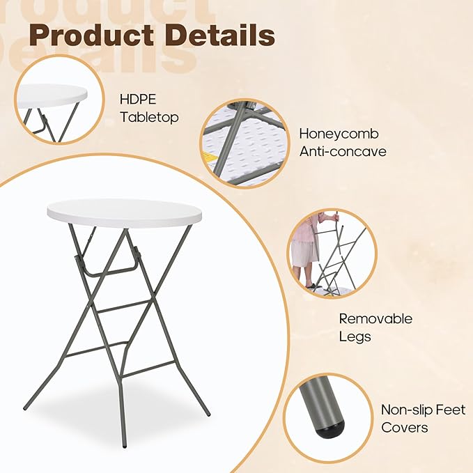 32" Round Folding Table, Portable Bar Height Folding Table with Detachable Legs, Round Foldable Table with HDPE Top for Standing Parties, Balcony, Event, Indoor Outdoor Use (White, 1 Pack)