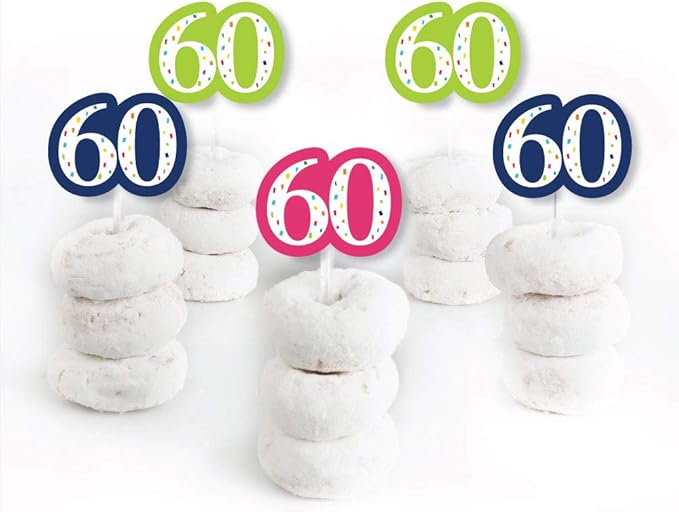 Big Dot of Happiness - 60th Birthday - Cheerful Happy Birthday - Dessert Cupcake Toppers - Colorful Sixtieth Birthday Party Clear Treat Picks - Set of 24