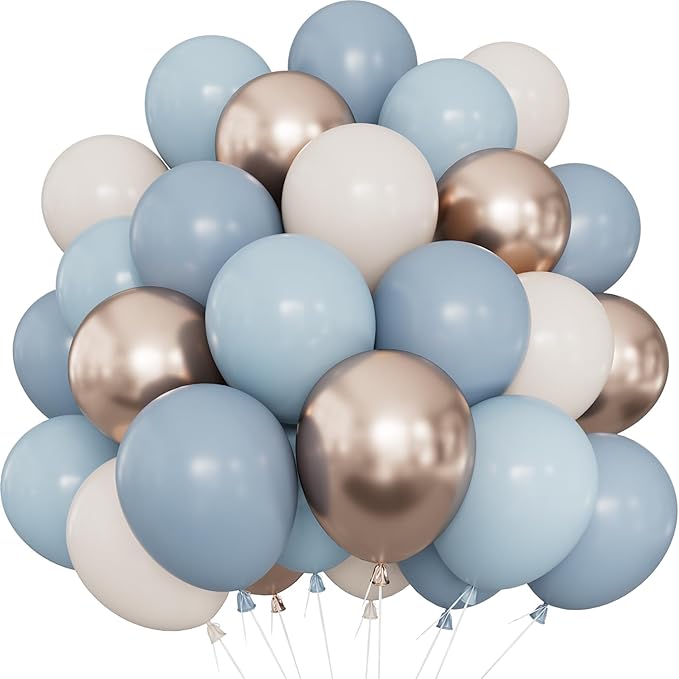 Dusty Blue and Gold Balloons, 50PCS 12 Inch Blue White and Gold Balloon Set, Neutral Elegant Party Decorations for Baby Shower Boy, Birthday, Gender Reveal, Wedding
