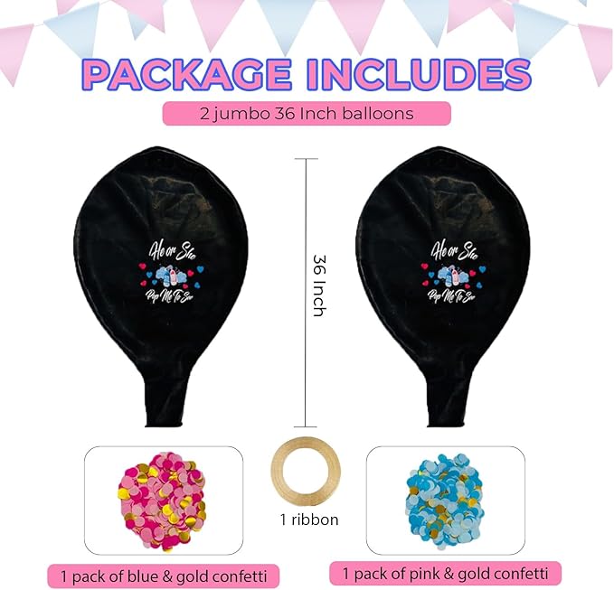 Gender Reveal Confetti Balloon Set, He or She Pop Me to See, 2 Pieces, Pink and Blue Baby Shower Decorations