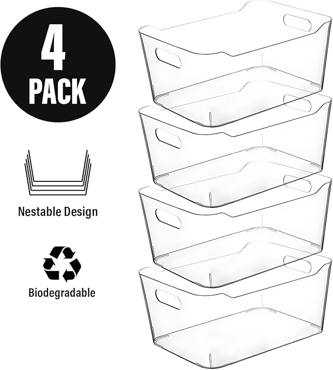 Clear Plastic Storage Bins for Kitchen Organization or Pantry Organizers and Storage, Freezer Fridge Organizer Storage Containers Bin for Organizing Refrigerator Medicine Closet Cabinet Organizers