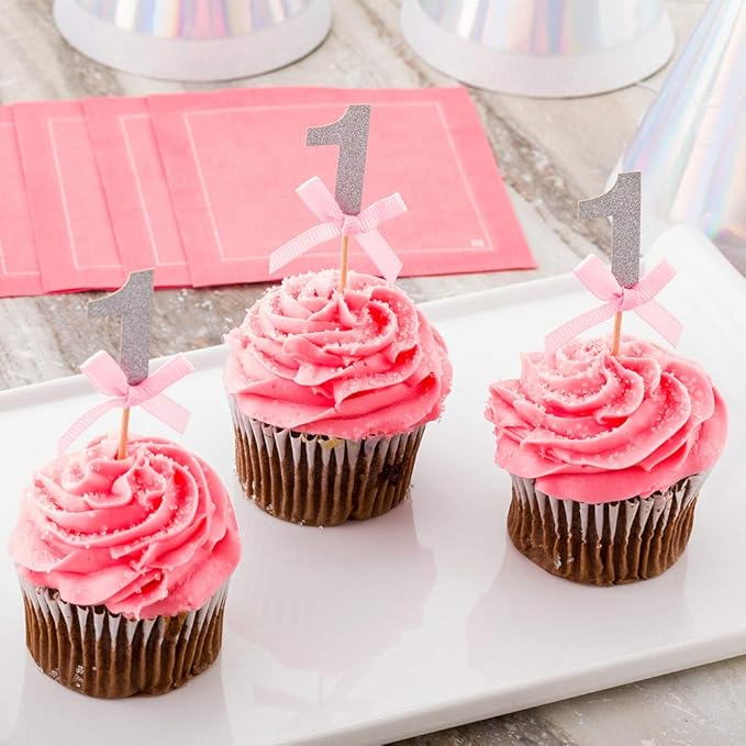 Restaurantware-3.5 x 1.5 Inch Cupcake Toppers, 100 Glitter Number 1 Cake Toppers - With Bow, For Parties, Anniversaries, Or Baby Showers, Silver Paper Birthday Cake Toppers, Pastry Decorations