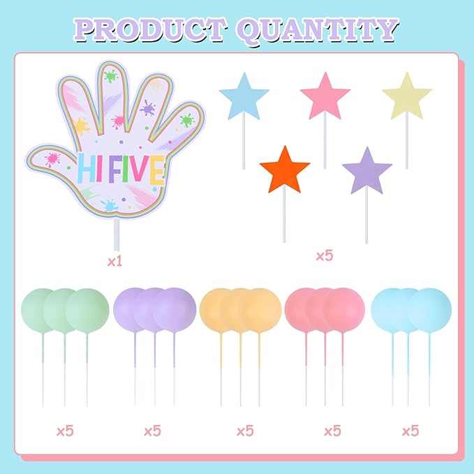 Macaron Theme Hi Five Birthday Cake Decorations 26Pieces - Pastel Ball Star Hand Dessert Picks 5th Birthday Cake Cupcake Toppers, 5 Year Old Birthday Party Supplies